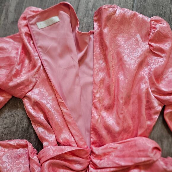 Vita Grace Pink Puff Sleeve Belted Mini Dress Women’s M Asymmetrical Hem Chic - Picture 10 of 14